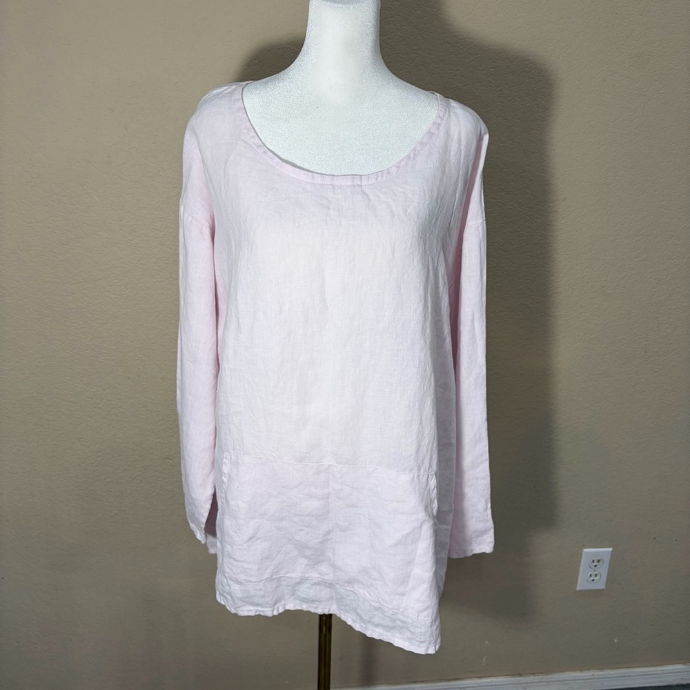 Women’s Pink 3/4 Sleeved Blouse Shirt Top 100% Linen Made USA PtP 23” Lagenlook